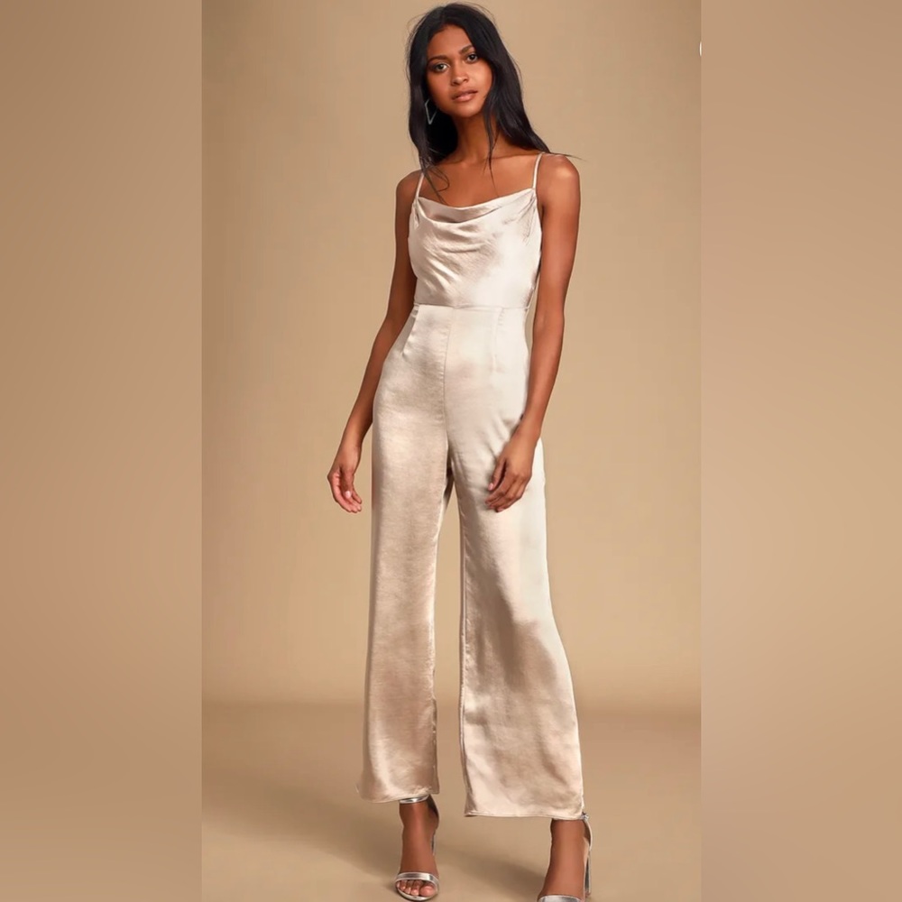 NWT Perfect Night Champagne Satin Cowl Neck Culotte Jumpsuit